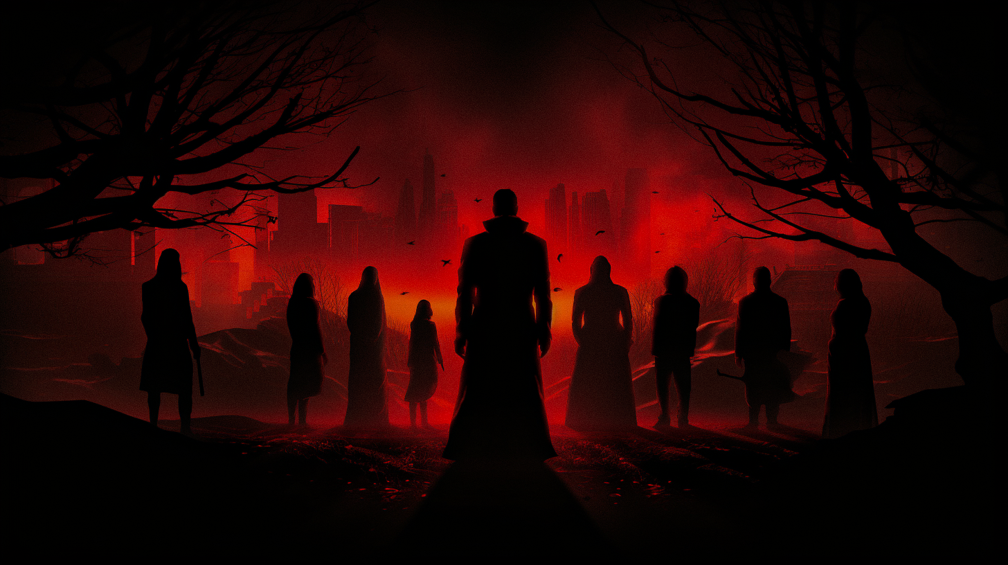 Villains, walking towards a city, red fog surrounds them